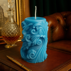 handcrafted blue soy designer pillar candle