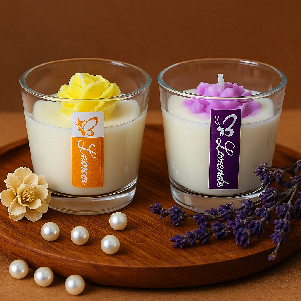 front view of lemon and ele Sweet Bloom Soy Candles