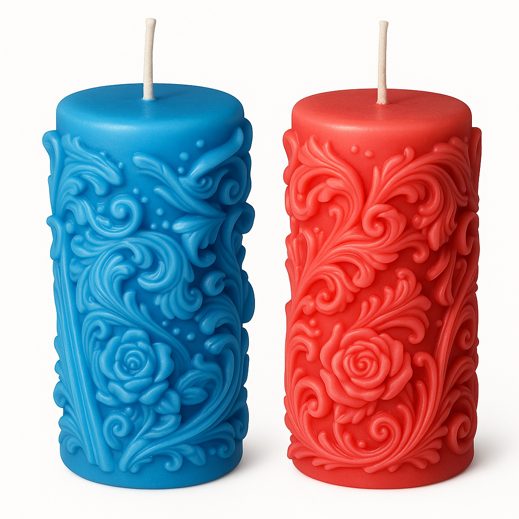 handcrafted vegan red and blue soy designer pillar candle